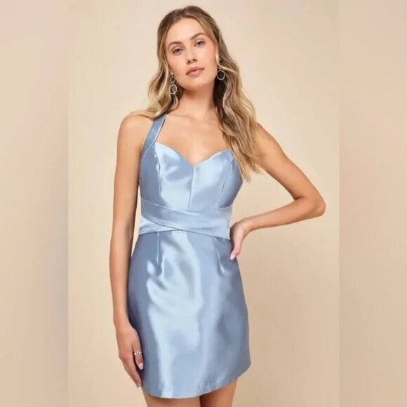 Lulus Womens Backless Bow Mini Dress Slate Blue Taffeta - Picture 1 of 4